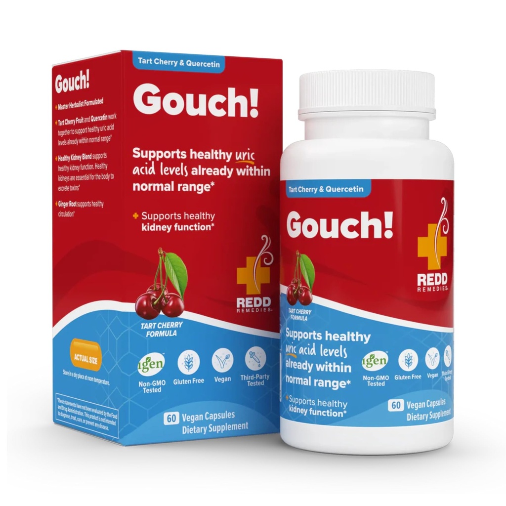 Redd Remèdes, Gouch!, Support supplémentaire pour les articulations et les niveaux d'acide urique, encourage une réponse inflammatoire saine, Tart Cherry & Quercetin, 60 Capsules Vegan