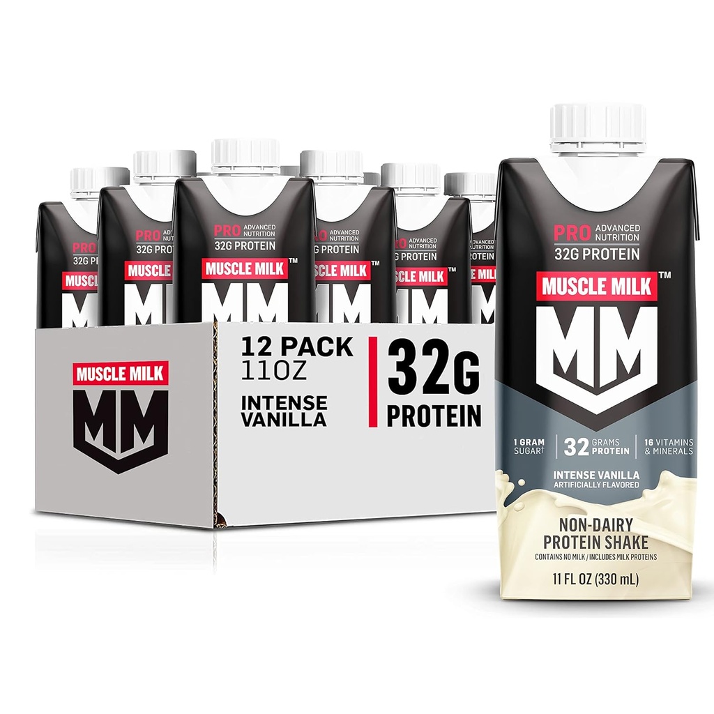 Muscle Lait Pro Nutrition avancée Protein Shake, Vanille Intense, 11 Fl Oz Carton, 12 Pack, 32g Protéines, 1g Sucre, 16 Vitamines et Minéraux, 5g Fibre, Récupération d'entraînement, Emballage Mai Varier
