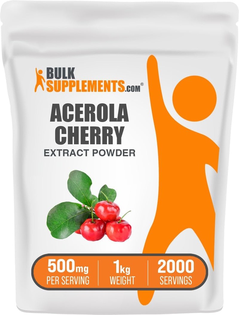 BulkSupplements.com Poudre d'extrait de cerise d'acérola - supplément naturel de vitamine C, poudre de cerise d'acérola - végétalien et sans gluten, 500mg par portion, 1kg (2,2 lbs) (paquet de 1)