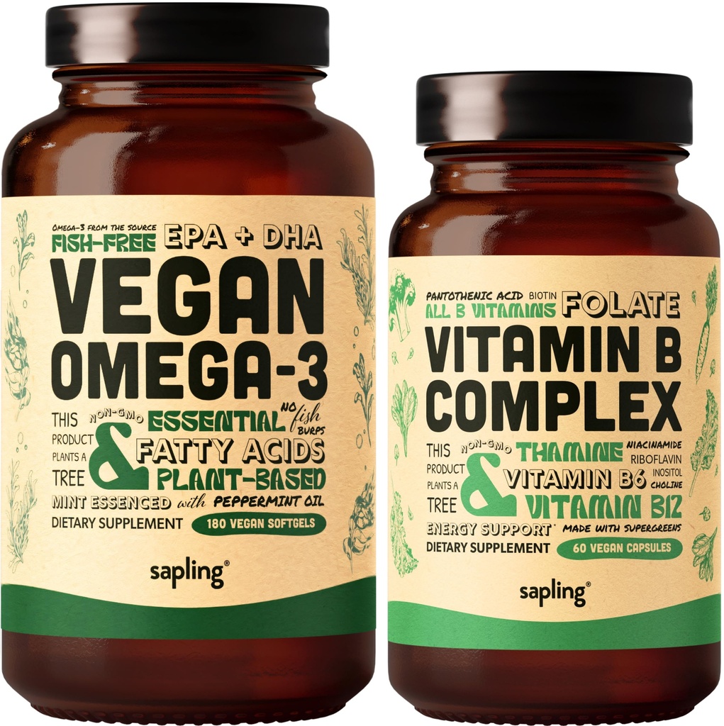 Oméga végétalien 3 180 Softgels & Vitamine B complexe - Acide gras à base végétale DHA & EPA, Vitamines essentielles B avec mélange d'aliments entiers, B1, B2, B3, B5, B6, B7, Folate