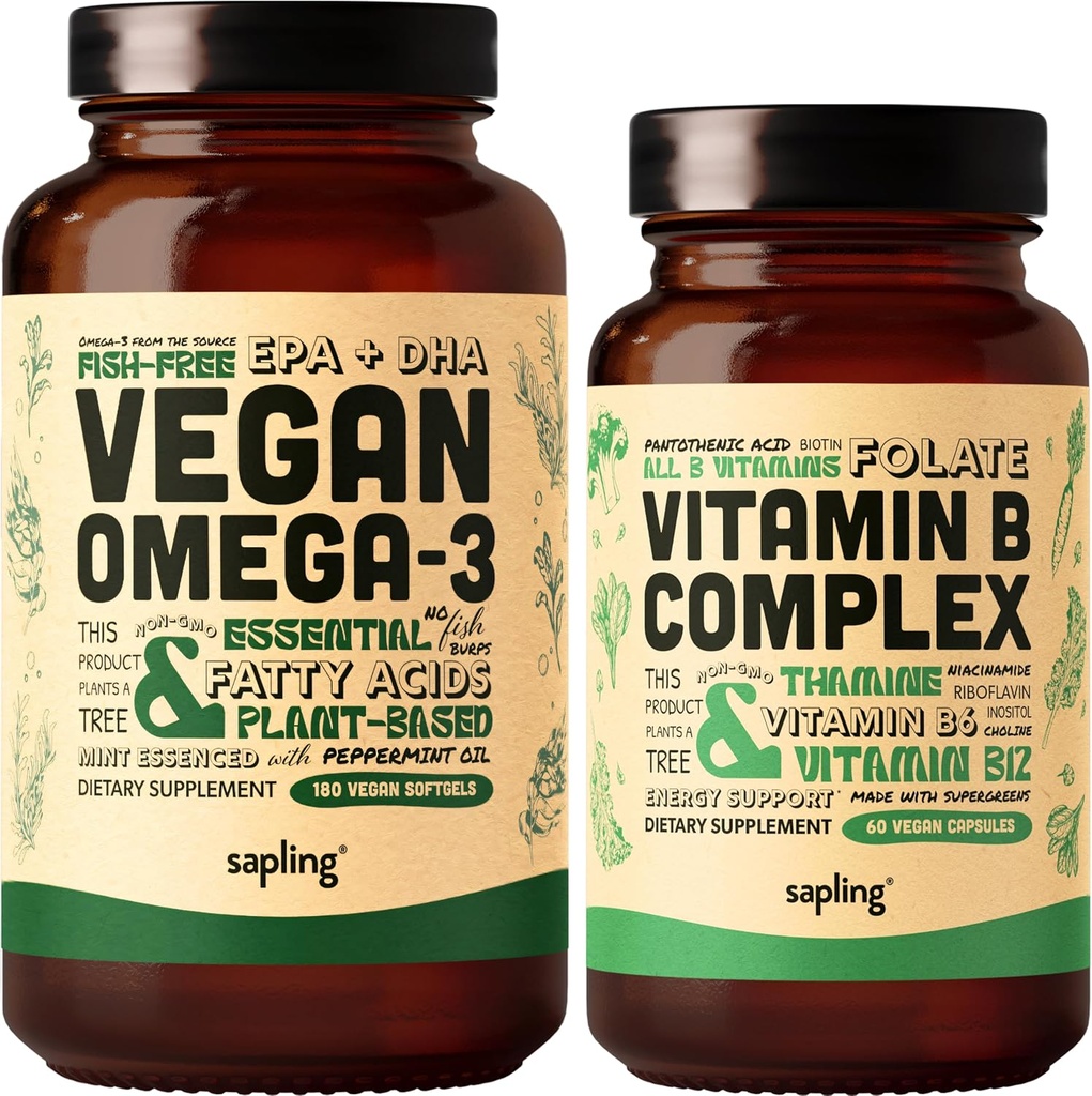 Oméga végétalien 3 180 Softgels & Vitamine B complexe - Acide gras à base végétale DHA & EPA, Vitamines essentielles B avec mélange d'aliments entiers, B1, B2, B3, B5, B6, B7, Folate