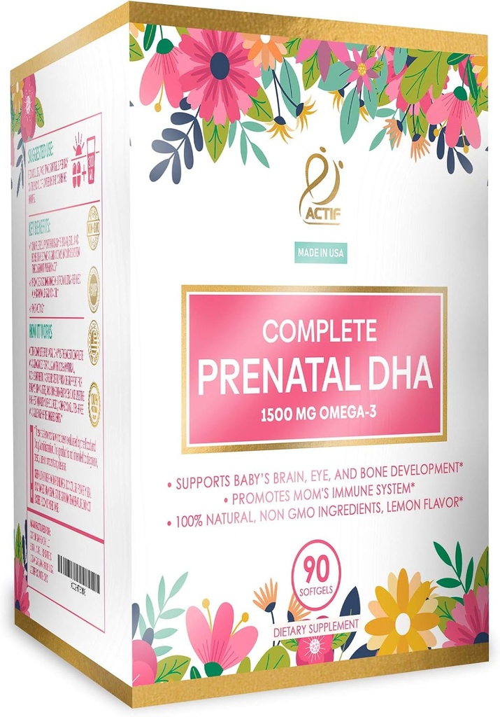 Actif Complete DHA prénatale avec 1500mg Omega-3, 100% naturel, DHA biologique, EPA, Omega 3 - non-OGM, 90 Gummies