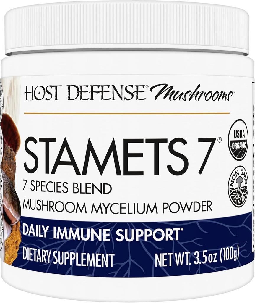 Stamets de défense de l'hôte 7 Poudre de champignons - Mélange de 7 espèces - Supplément de champignons pour le soutien immunitaire avec Royal Sun Blazei, Cordyceps, Reishi, Maitake, Lion's Mane, Chaga & Mesima - 3,5 oz (66 portions)*