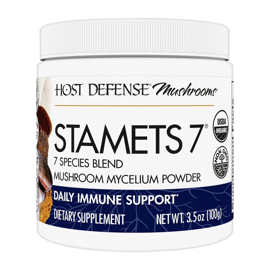 Stamets de défense de l'hôte 7 Poudre de champignons - Mélange de 7 espèces - Supplément de champignons pour le soutien immunitaire avec Royal Sun Blazei, Cordyceps, Reishi, Maitake, Lion's Mane, Chaga & Mesima - 3,5 oz (66 portions)*