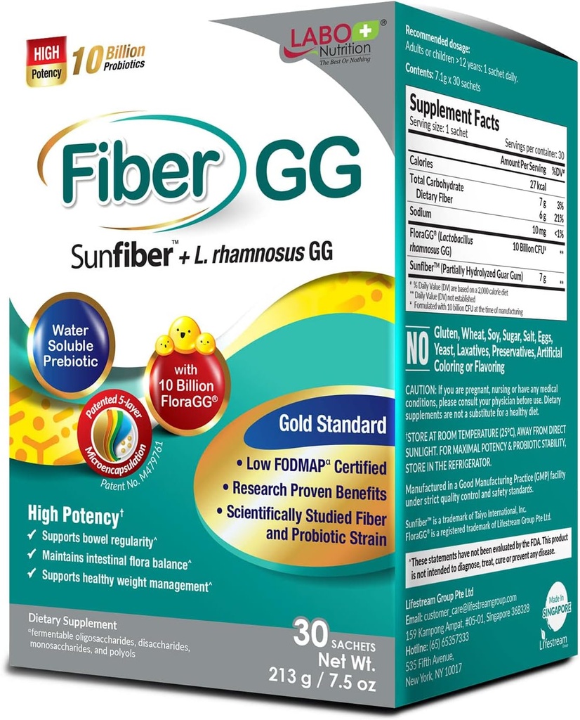 LABO Nutrition FiberGG, Lactobacillus Rhamnosus GG 10 Million CFU Probiotiques actifs et 7g Supplément de fibre prébiotique Sunfibre, soutenir la santé intestinale, la santé immunitaire, sans gluten, 30 sachets