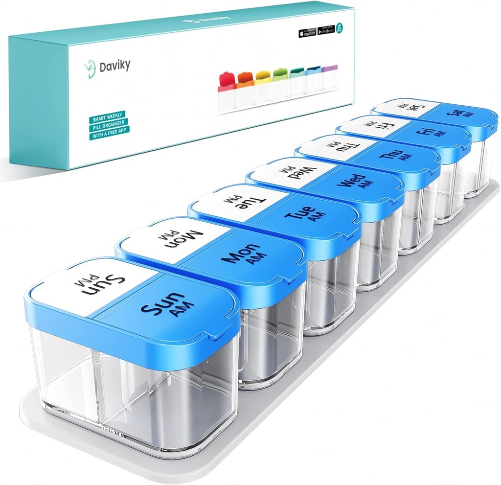 Daviky Large Pill Organizer 2 fois par jour - XL Pill Box 7 jours, grand support vitaminique avec 7 compartiments AM/PM amovibles, grand récipient de supplément pour usage hebdomadaire ou quotidien (bleu)