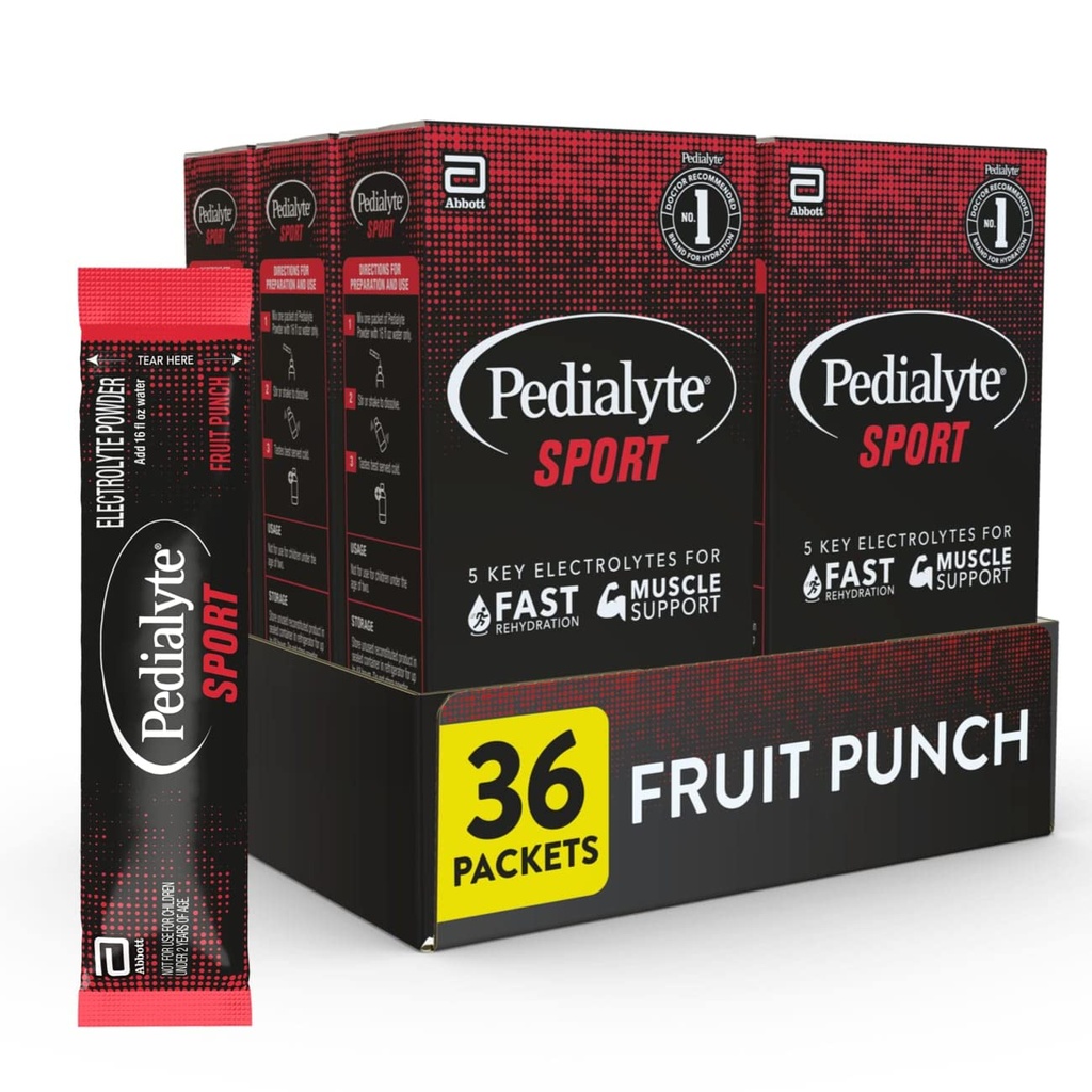 Poudre d'électrolyte Pedialyte Sport, hydratation rapide avec 5 électrolytes clés pour le soutien musculaire avant, pendant et après l'exercice, punch de fruits, 0.49 Oz sachets 6 Compte (paquet de 6)