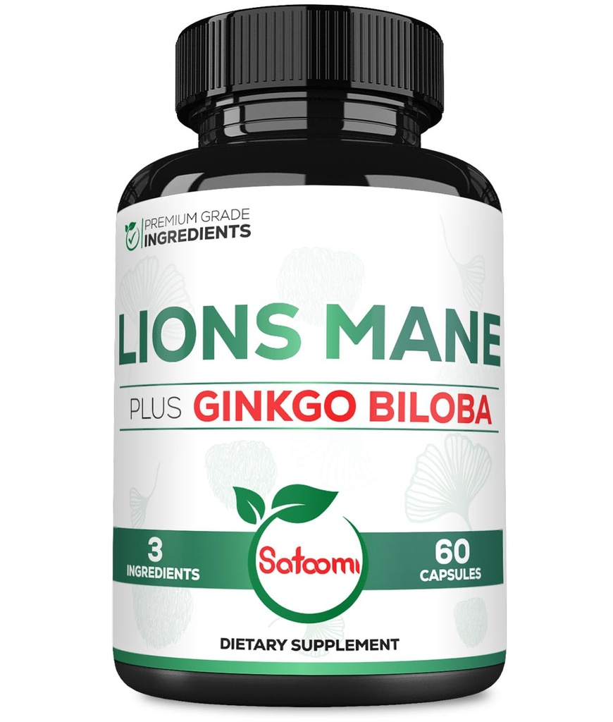 Lions Mane avec supplément Ginkgo Biloba - 60 Capsules - Extra Strength for Reposful Mind, Brain Health, Immune System & Focus - Sans gluten, sans OGM