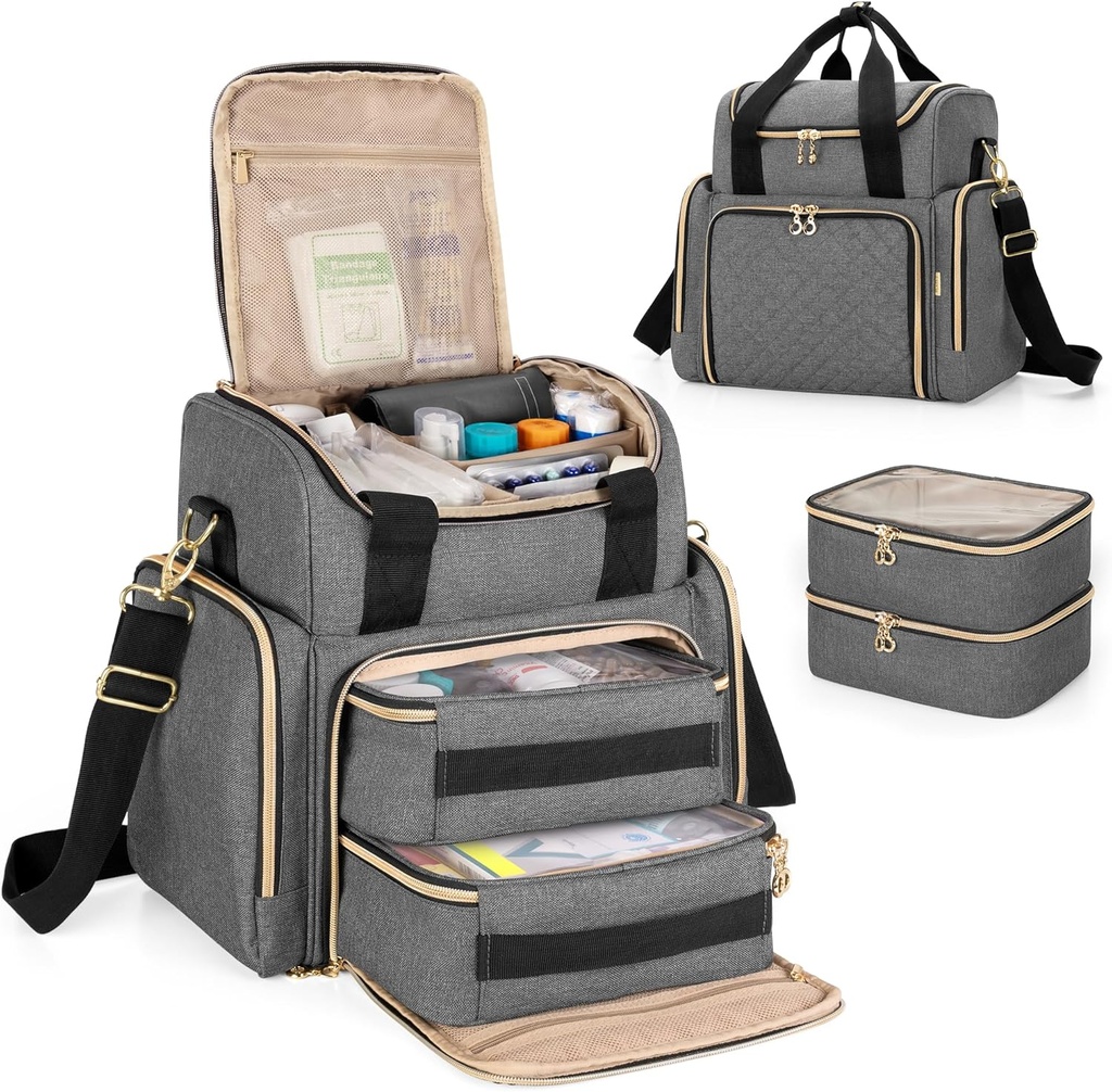 Grand sac de médecine LUXJA avec 2 caisses amovibles, sac de rangement en médecine avec des sections de rangement multiples (convient pour le voyage ou la maison), gris