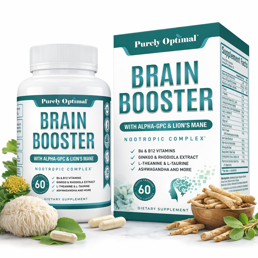 Supplément Nootropique pour booster le cerveau purement optimal – Soutien du cerveau pour la mémoire, Focus, Clarity, Énergie sans jitter pour les adultes, Aînés – avec Ginkgo Biloba, Alpha GPC, Lion, Mane – 60 Capsules