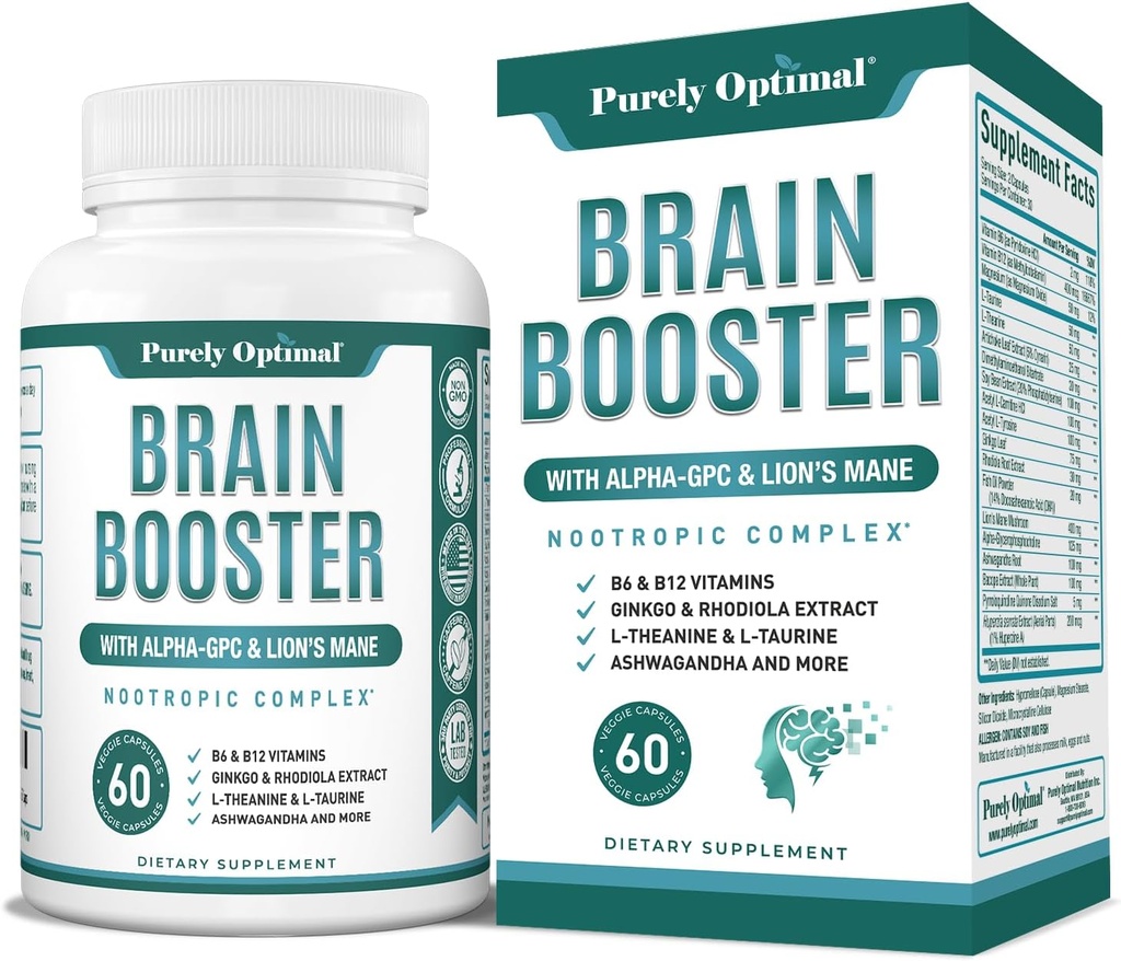 Supplément Nootropique pour booster le cerveau purement optimal – Soutien du cerveau pour la mémoire, Focus, Clarity, Énergie sans jitter pour les adultes, Aînés – avec Ginkgo Biloba, Alpha GPC, Lion, Mane – 60 Capsules