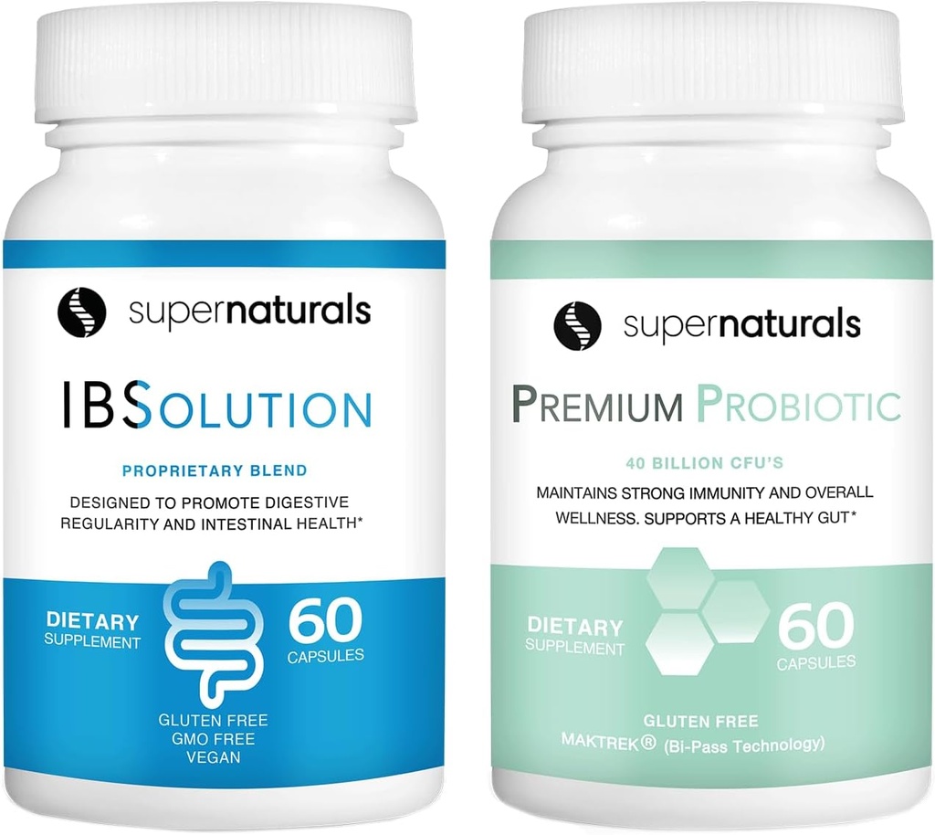 IBSolution Gut Health Bundle - All Natural Gut Health Support & Premium Probiotiques w/ 40 Million CFU pour le soutien des Bowels irréguliers, Bloating, Constipation, Gas, Douleur abdominale - 2 Pack (120 Caps)