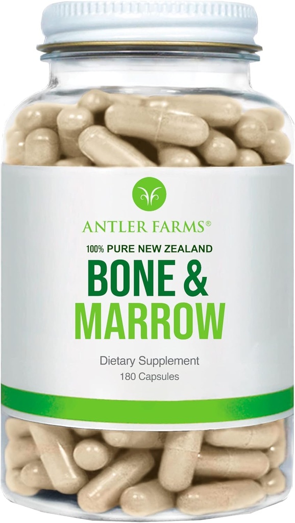 Fermes Antler - 100% pure Nouvelle-Zélande Bone & Marrow, 180 Capsules, 750mg - Herbacé, extrait de os de pâturage élevé, froid traité, gras essentiels sains, cellules souches, collagène, calcium