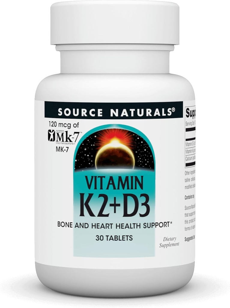 Source Naturelle Vitamine K2 + D3 Complexe de santé des os et du coeur - avec vitamine D3, vitamine K2 (MK-7) et calcium - 30 comprimés