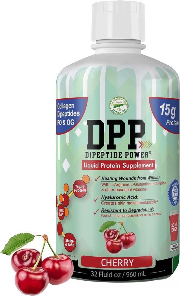 DPP Dipeptide Puissance, Healing Wound, 30X Dipeptides de collagène plus que la poudre, supplément de protéines liquides, sans sucre, soutient la réparation de tissu sain, Ulcers de pied, chirurgie cosmétique (Cherry, 32 Fl Oz)