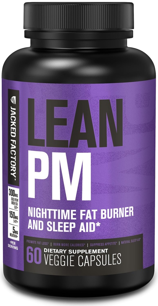 Jacked Factory Lean PM Night Time Fat Burner, Supplément d'aide au sommeil, et Suppresseur d'appétit pour les hommes et les femmes - 60 pilules de perte de poids sans stimulant