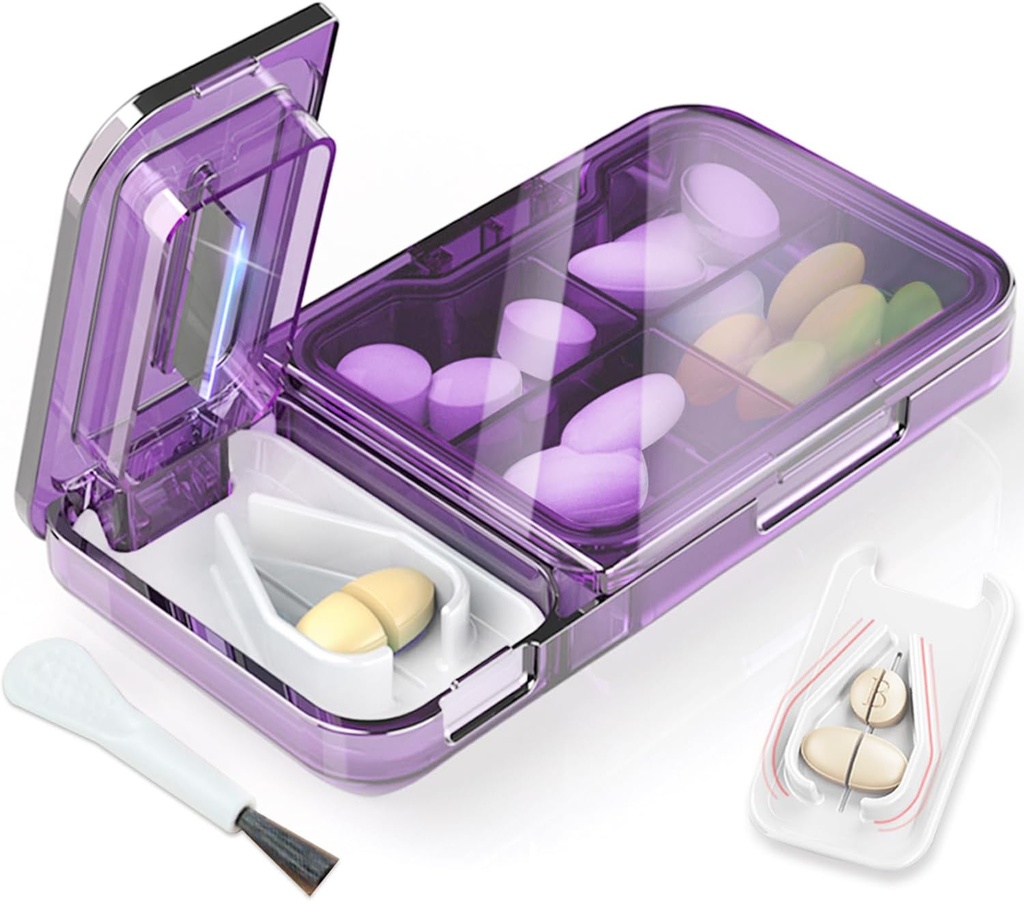 Pill Cutter Splitter for Small or Tiny Pills. 2-in-1 Travel Pill Box & Pill Splitter - Large Capacity 4 Compartments Pill Organizer - Detachable Nonslip V-Shaped Pad. Wrap-Around Blade Guard (Purple)