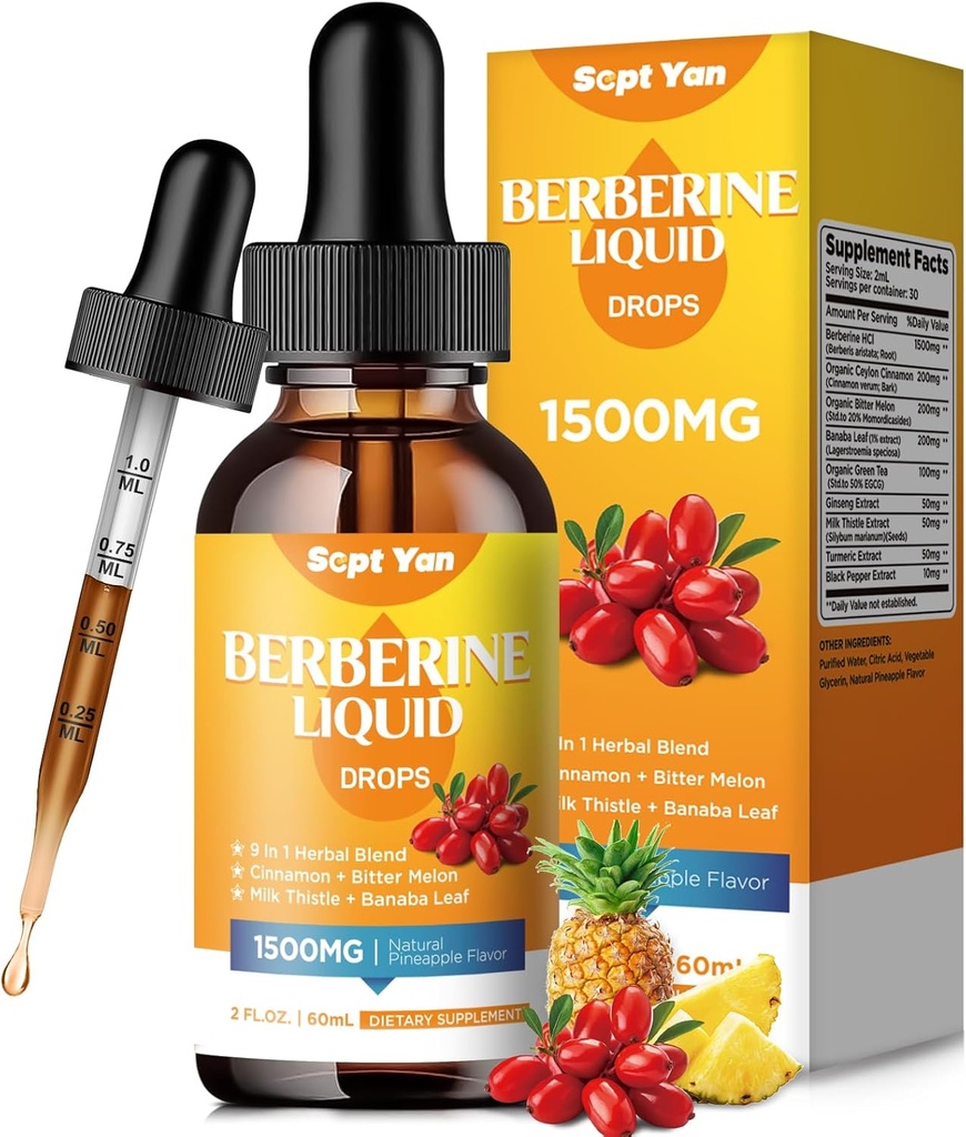 Supplément berbère gouttes liquides - Berbère 1500mg avec cannelle Ceylan, Melon amère, Banaba Leaf, curcuma pour immune, système de digestion, soutien cardiaque, goût d'ananas naturel, 2 Fl Oz