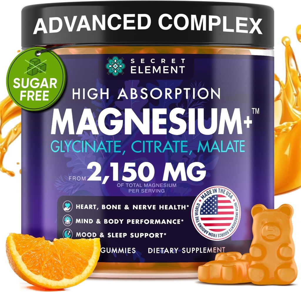 Glycinat de magnésium 2150MG Gommies pour les femmes et les hommes, Glycinat de magnésium haute absorption, Citrate, Gommies de malate pour les adultes et les enfants, Soutien au sommeil, Sans sucre, Vegan, 60 Chews, Orange