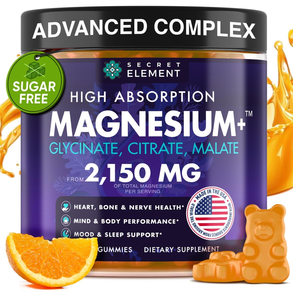 Glycinat de magnésium 2150MG Gommies pour les femmes et les hommes, Glycinat de magnésium haute absorption, Citrate, Gommies de malate pour les adultes et les enfants, Soutien au sommeil, Sans sucre, Vegan, 60 Chews, Orange