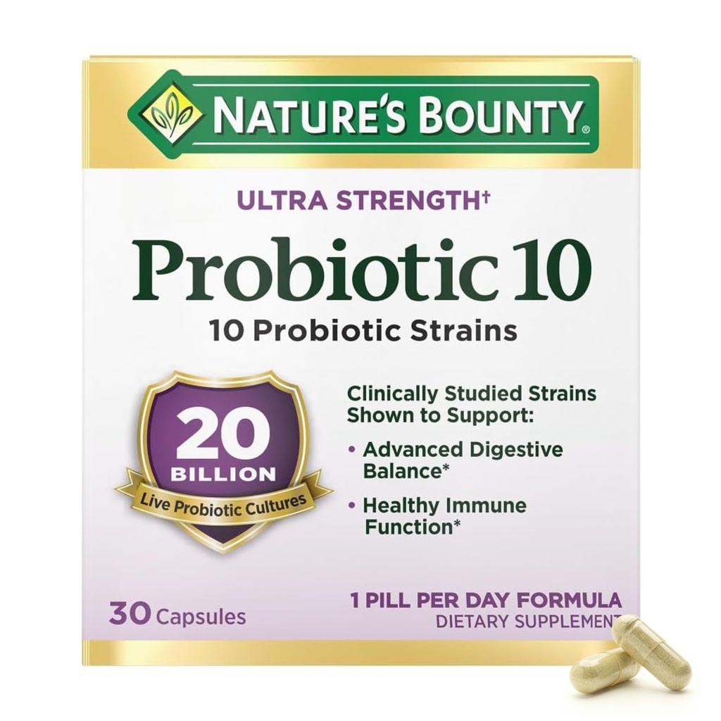 Nature's Bounty Probiotic 10 Supplément probiotique quotidien pour le soutien digestif, immunitaire et respiratoire supérieur, Ultra Strength, 30 capsules 1 Pack