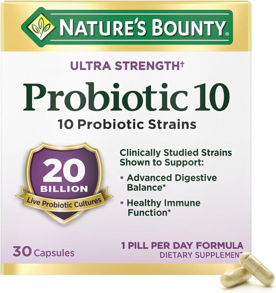 Nature's Bounty Probiotic 10 Supplément probiotique quotidien pour le soutien digestif, immunitaire et respiratoire supérieur, Ultra Strength, 30 capsules 1 Pack