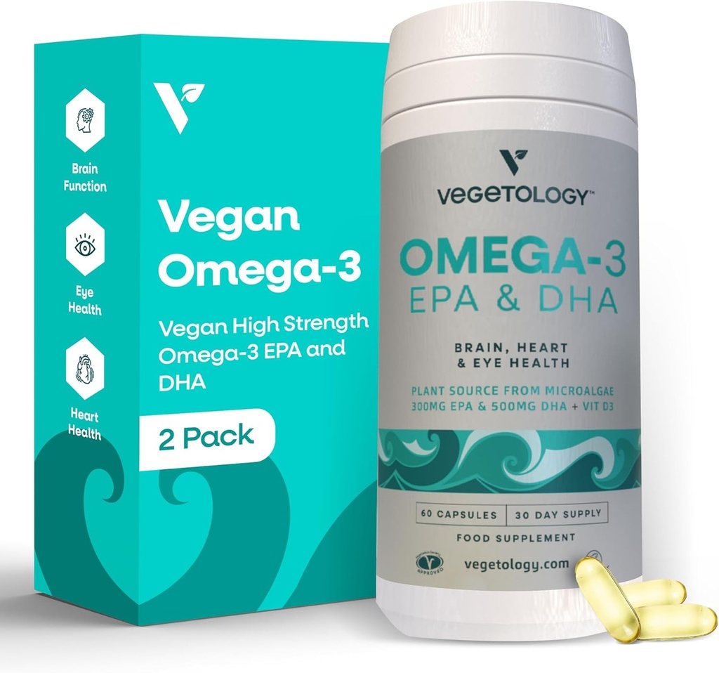 Supplément Vegan Omega 3 – EPA, suppléments DHA et vitamine D3 – Algae Omega 3 Supplément Vegan pour la santé du cerveau, des yeux et du cœur – pour les enfants et les adultes (120 capsules)