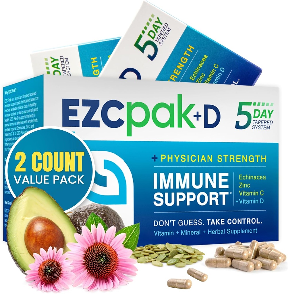 EZC Pak 5-Day Immune System Booster with Echinacea, Vitamin C, Zinc & Vitamin D - Tapered Immune Support Supplement for Adults - Supports Immunity, Easy Travel-Size Supplement Pack - (Pack of 2)