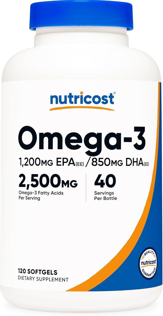 Nutricost Omega 3 Huile de poisson - 2500MG, 120 Softgels (40 portions) - Huile de poisson, prise sauvage! 1200mg EPA 850mg DHA - Non-OGM, sans gluten