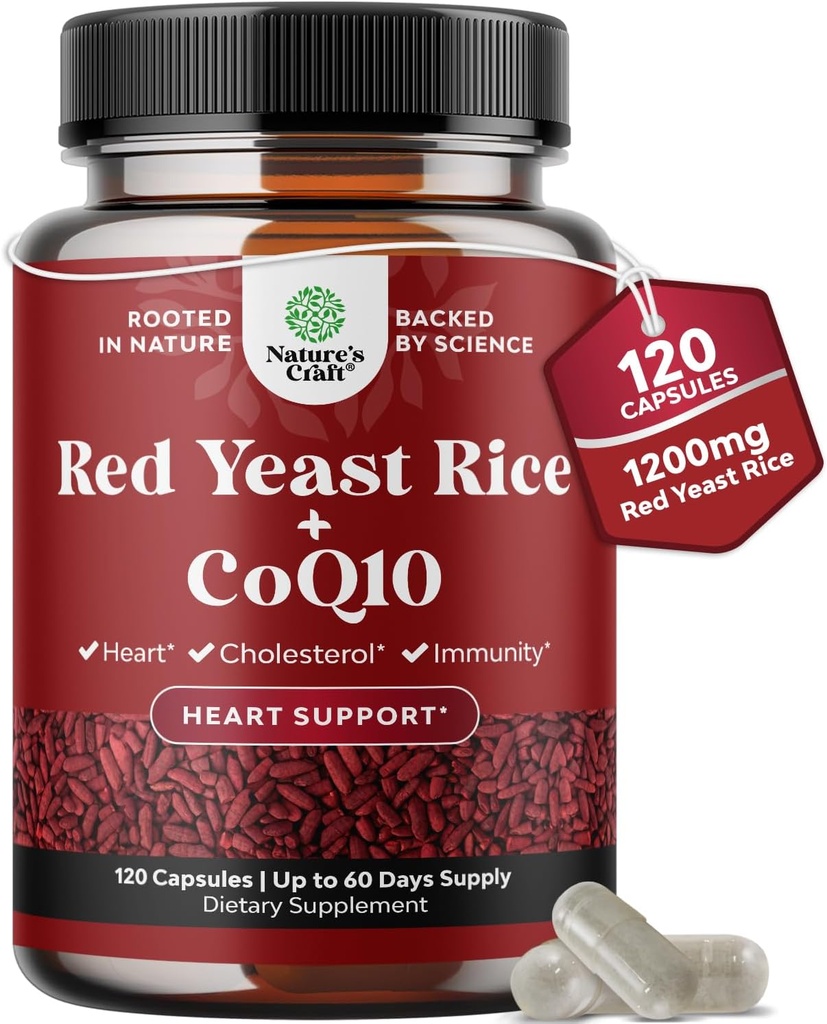 Riz de levure rouge avec supplément CoQ10 - Formule avancée pour le coeur sain et les niveaux de cholestérol sain pour les hommes et les femmes - Capsule de force supplémentaire avec riz de levure rouge 1200 mg Capsules avec nombre CoQ10-120