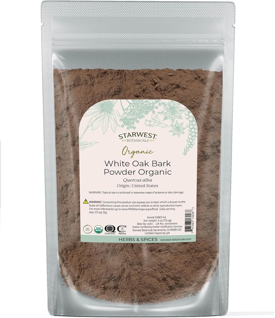Starwest Botanicals White Oak Bark Powder Organic - Herbe séchée pour le thé et les mélanges naturels de plantes, Pure Quercus Alba, Certified Kosher, Non-OGM - 4 oz Pouch