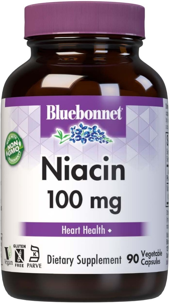 Bluebonnet Niacin 100mg Vitamine B3 Acide nicotinique - Soutien de santé cardiaque pour les femmes et les hommes* - Non-OGM, végétalien, casher, sans gluten, sans soja, sans lait - 90 capsules végétales