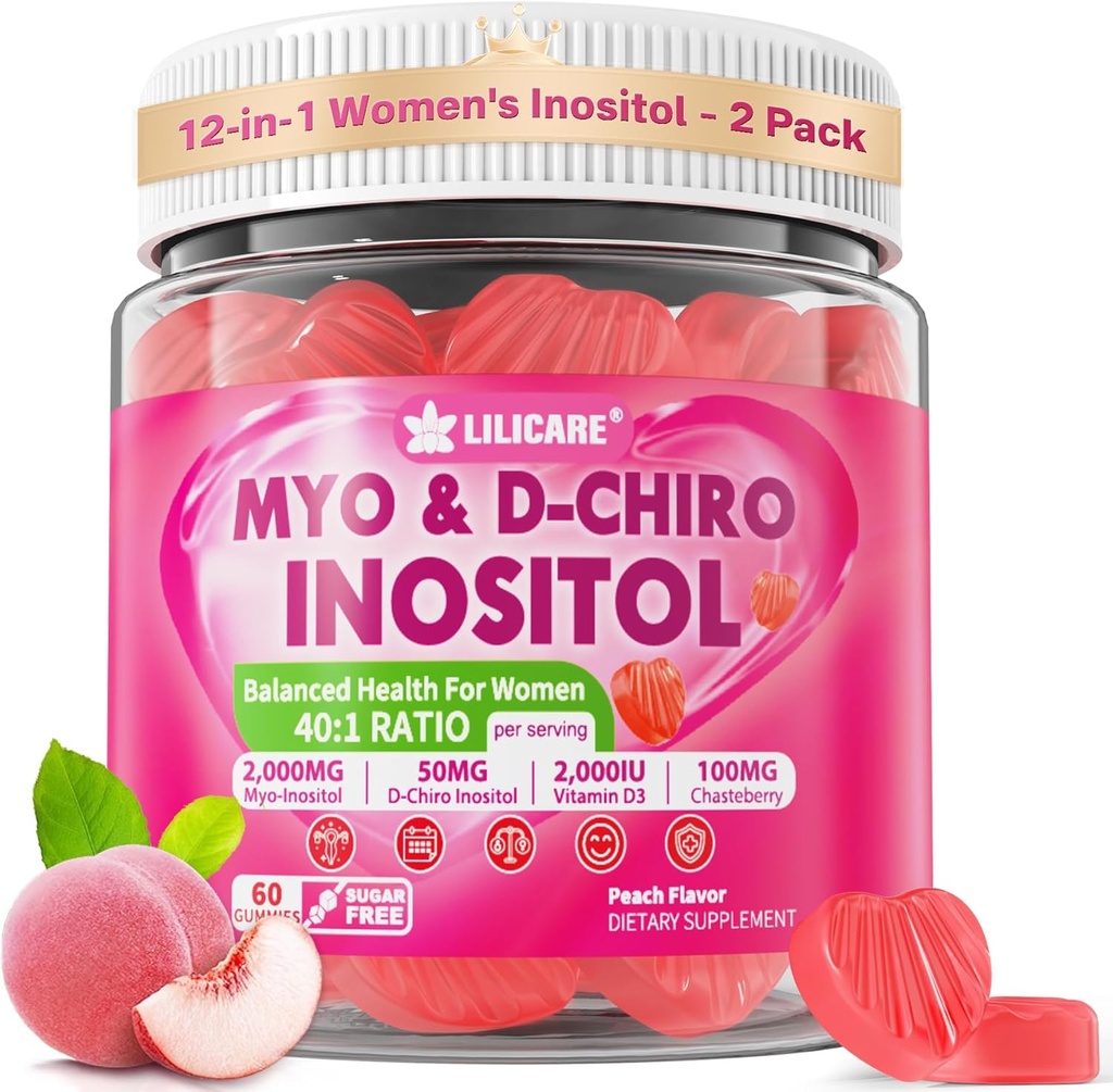 Inositol Gummies for Women + Chasteberry, Myo-Inositol & D-Chiro Inositol 2000mg + 50mg Ideal 40:1 Ratio with Methylated B12 & Folate, Choline, Magnesium, Vitamin D3 for Overall Health, Pack of 2