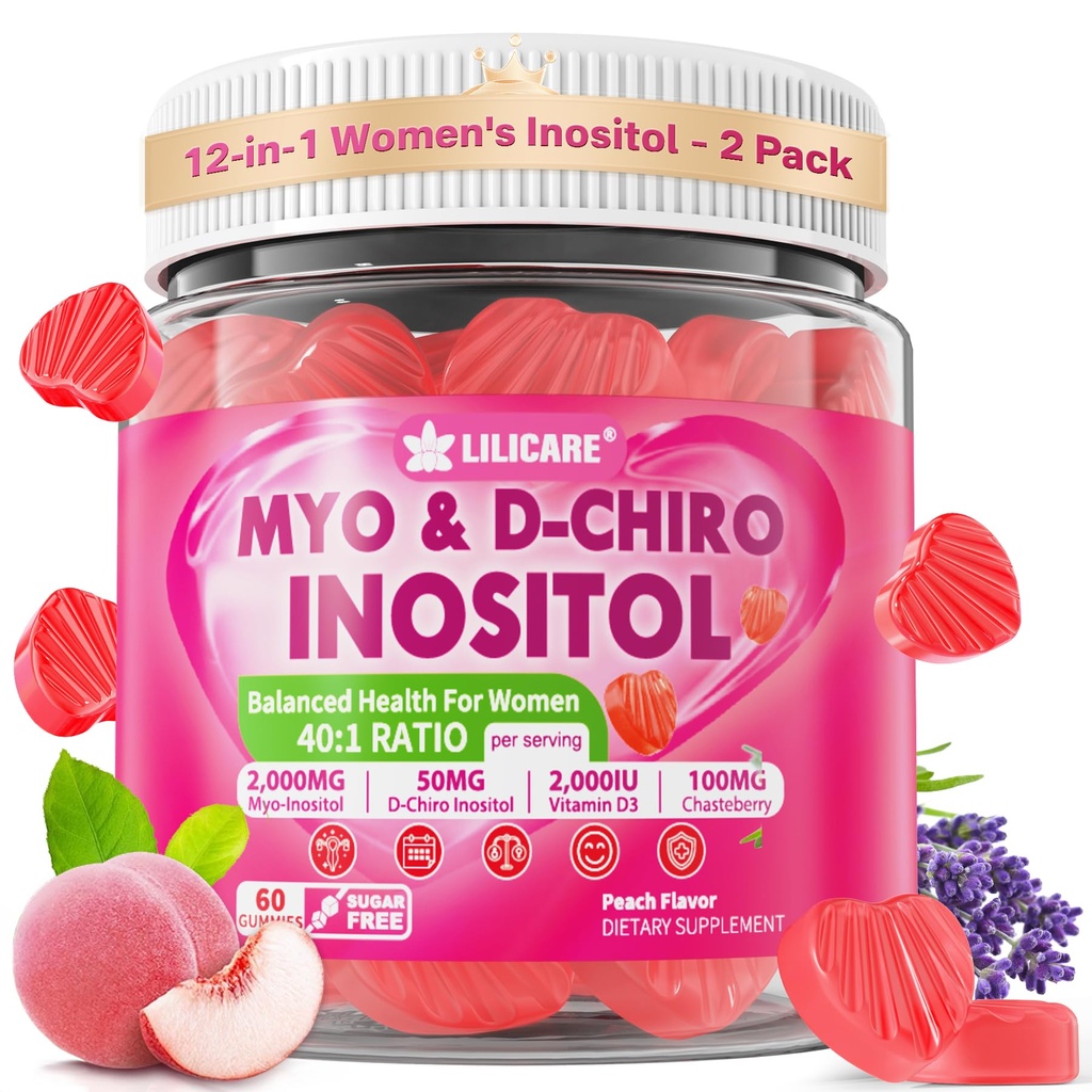 Inositol Gummies pour femmes + Chasteberry, Myo-Inositol & D-Chiro Inositol 2000mg + 50mg Idéal rapport 40:1 avec le B12 et le folate méthylé, Choline, Magnésium, Vitamine D3 pour la santé globale, paquet de 2