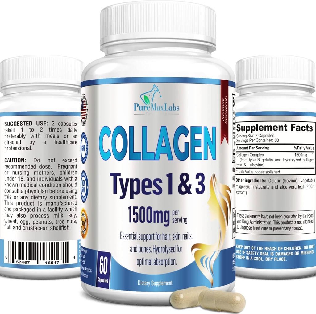 Collagène Types I et III - Collagène pilules, soutient cheveux sains, peau, ongles, articulations - supplément de collagène hydrolysé, 60 capsules