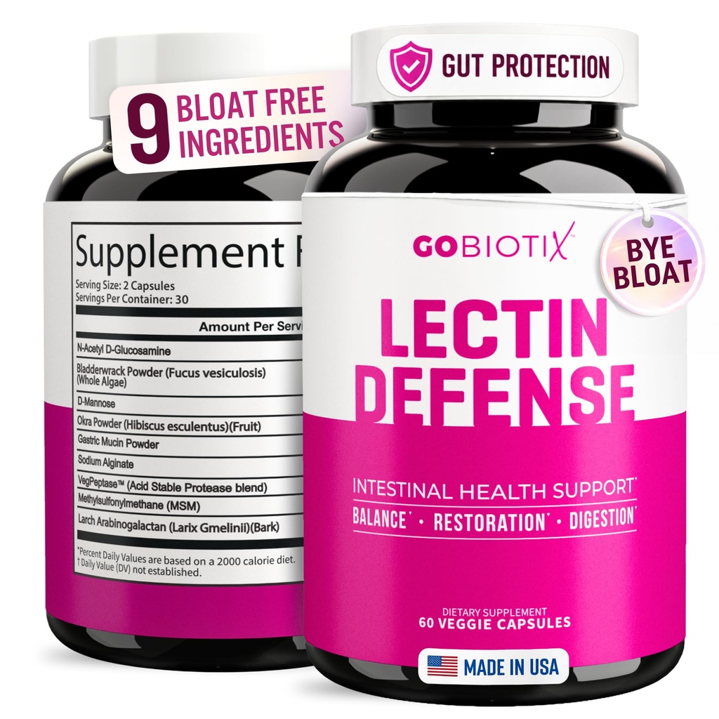 GOBIOTIX Lectine Defense - Supplément de bloqueur de lectine pour le museau avec MSM et enzymes digestives - Aides à la santé intestinale pour les femmes et les hommes - Non-OGM + Sans gluten - 60 Capsules (1)