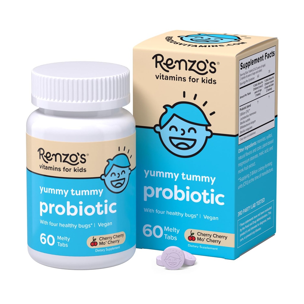 Les enfants de Renzo probiotiques, probiotiques dissolvables pour la santé digestive et le soutien immunitaire, 60 comprimés sucrés aromatisés