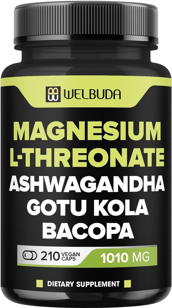 Magnésium L-Thréonate Capsules 1010mg - 210 Capsules - mélangé avec la racine d'Ashwagandha, Gotu Kola Leaf et plus