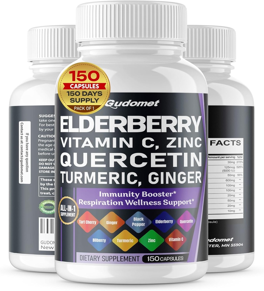 Elderberry Quercetin Bilberry Turmeric Tart Cherry Ginger Vitamine C Vitamine D3 Zinc Black Pepper -150 Capsules- Fabriqué aux États-Unis