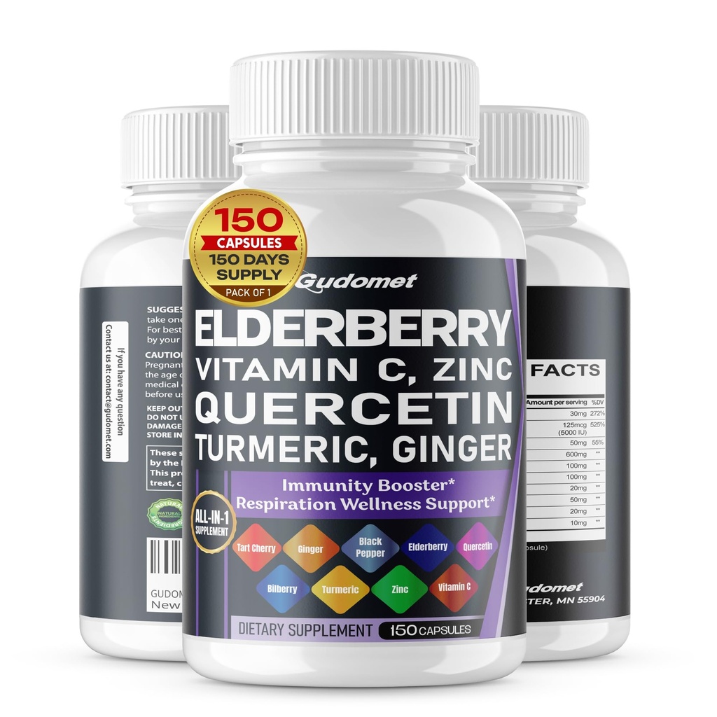 Elderberry Quercetin Bilberry Turmeric Tart Cherry Ginger Vitamine C Vitamine D3 Zinc Black Pepper -150 Capsules- Fabriqué aux États-Unis