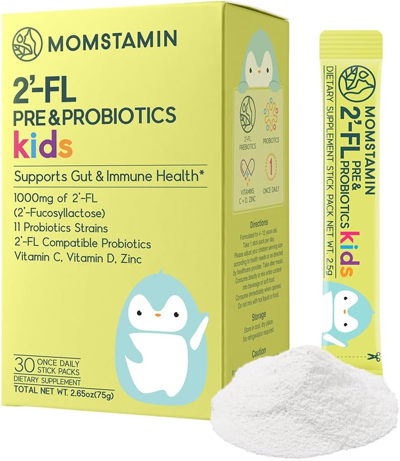MOMSTAMIN 2'-FL Pré et probiotiques pour les enfants(4+) : Gut Health (en anglais seulement) Soutien immunitaire (en anglais seulement) Supplément digestif Améliorer la capacité cognitive et la qualité du sommeil Vitamine C, D Zinc/Yogourt Aromatisé 30 bâtons - quotidien