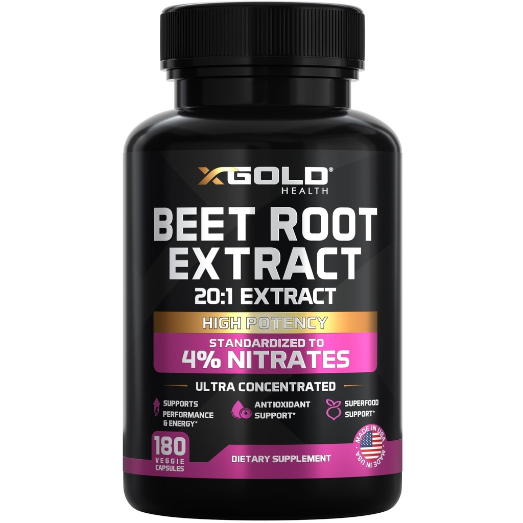 Beet Root Extract 20:1- Concentrated Beet Root Capsules Supplement w/Black Pepper - High Nitrates - Natural Nitric Oxide Booster - Highly Concentrated & Bioavailable - Made in USA -180 Caps