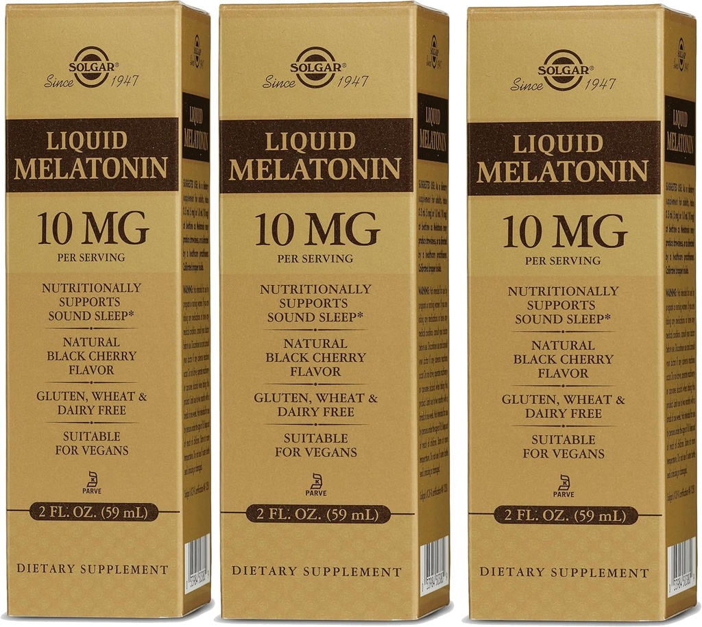 Mélatonine liquide de Solgar 10 mg, saveur de cerise noire naturelle - 2 fl oz, boîte de 3 - Idéal pour la lag de Jet - Vegan, sans gluten - 177 Total des portions