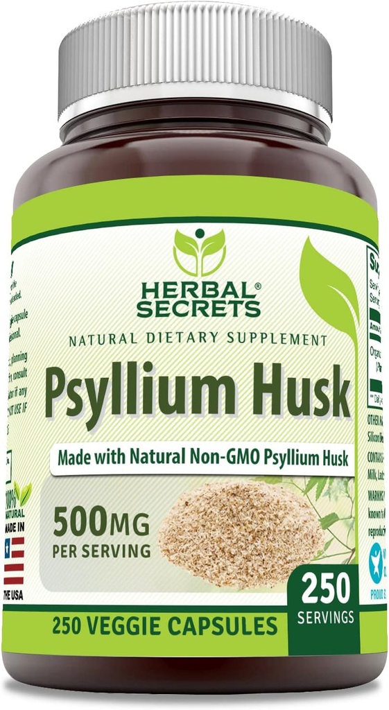 Secrets à base de plantes Psyllium Husk Supplément de 500 mg 250 capsules Veggie