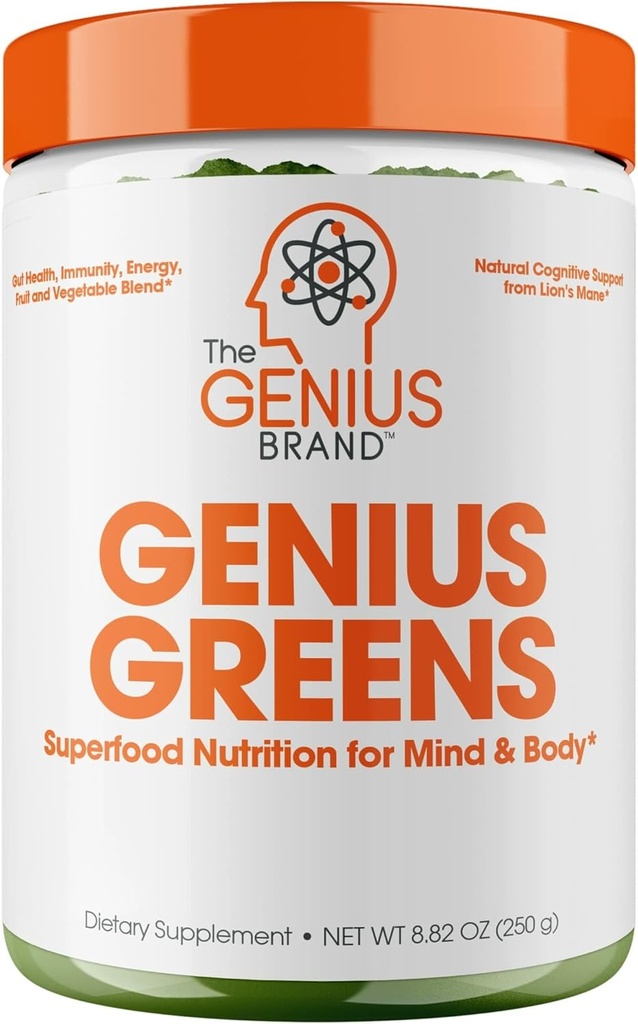 The Genius Brand Genius Greens - Poudre de vert pour le soutien de l'esprit et de l'immunité - Légumes biologiques, bleuets et lion - Mélange de boisson pratique - goût agréable - 20 portions
