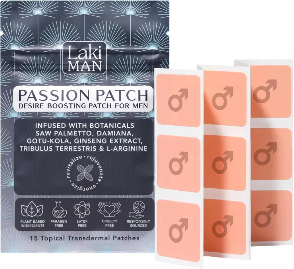 Laki Naturals Passion Patch for Men (Pack of 15) – Supporte la circulation, la vitalité, la vigueur et l'énergie avec des ingrédients naturels – Non-Habit Forming, Time-Released MenS Health Wellness Patches