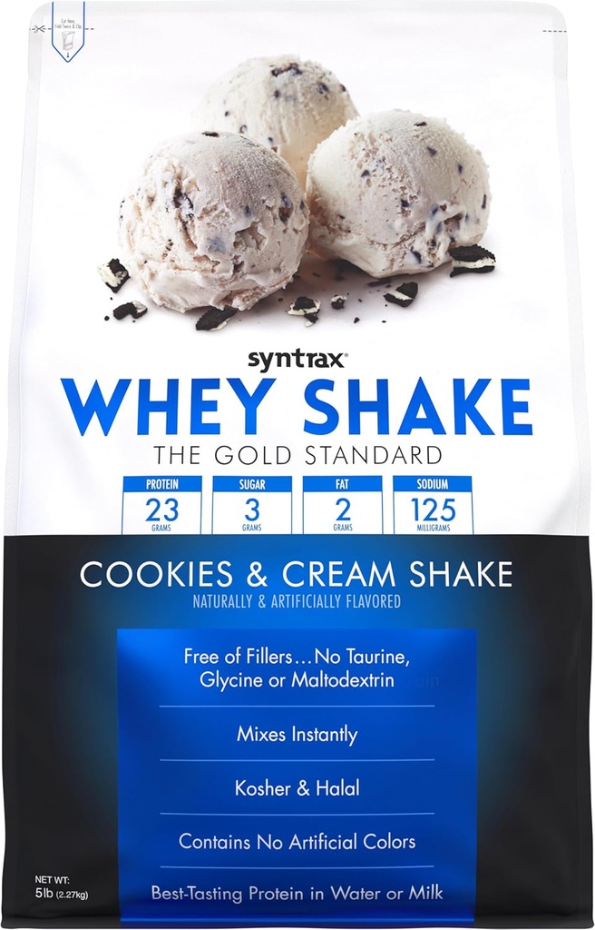 Syntrax Nutrition Whey Shake, Cold Filtered & Undenatured Whey Protein Powder Blend, Cookies & Cream Shake, 2 lbs, Real Cookie Pieces