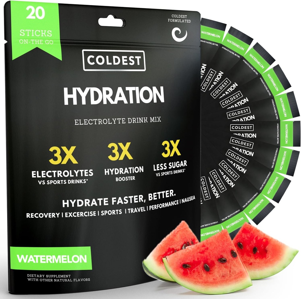 Hydratation la plus froide - Packs de poudre d'électrolytes - Non OGM & Pas de sucre artificiel - Mélange de boisson d'électrolyte - Facile ouvert bâton à usage unique goutte dans l'eau - 20 bâtons par paquet (Watermelon)