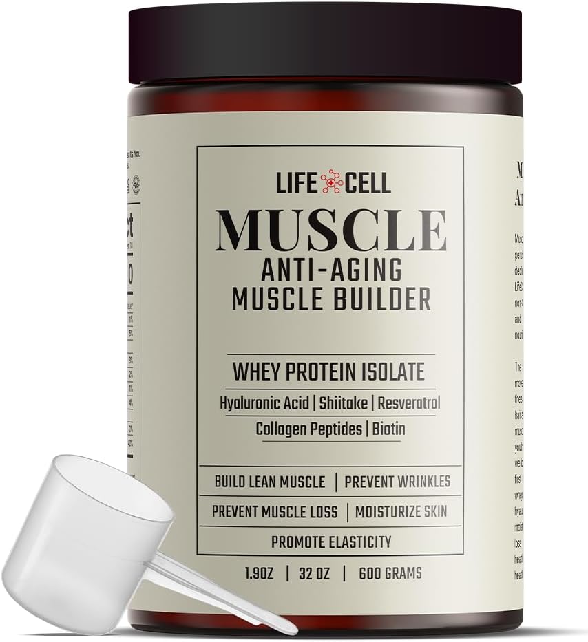 LifeCell Whey Protein – Anti-Aging Muscle Builder with Shiitake Mushroom, Collagen & Hyaluronique Acid – Non aromatisé, Pas de sucre ajouté, sans soja, sans gluten, 600g (18 portions)