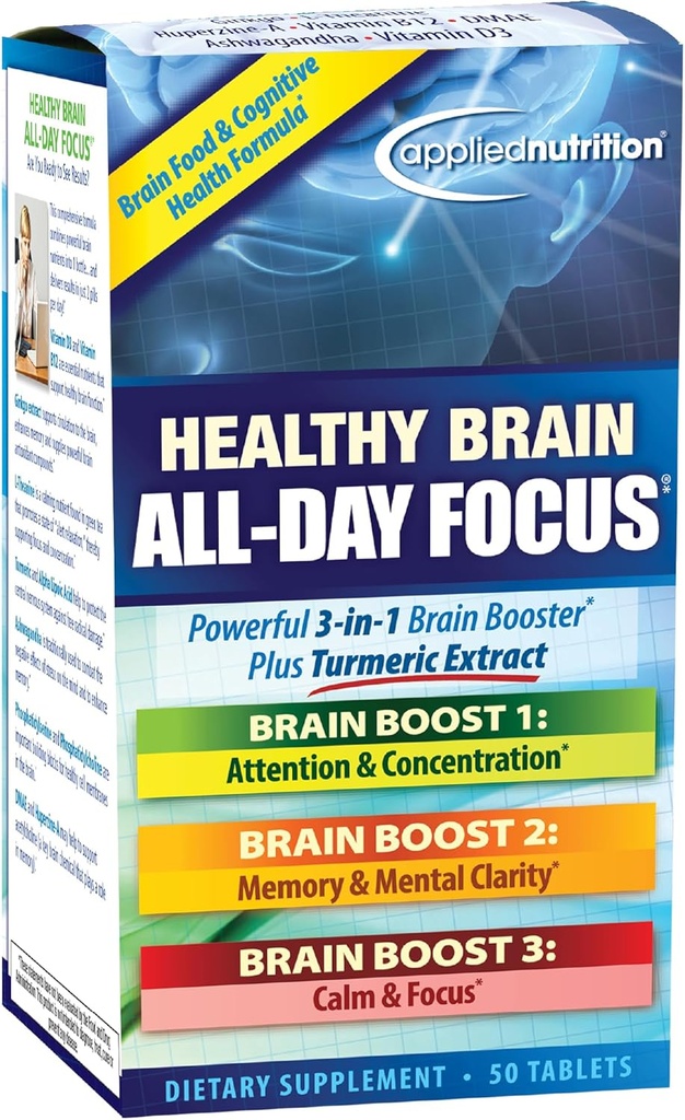 Applied Nutrition Cerveau sain Focus toute la journée - 50 comprimés - puissant 3-en-1 booster cerveau avec extrait de curcuma - 25 portions